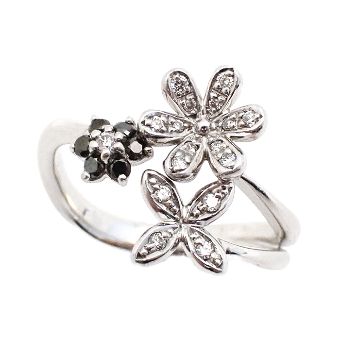 K18WG ブラックダイヤモンド 指輪 フラワーモチーフ 13号 新品仕上げ済 ホワイトゴールド