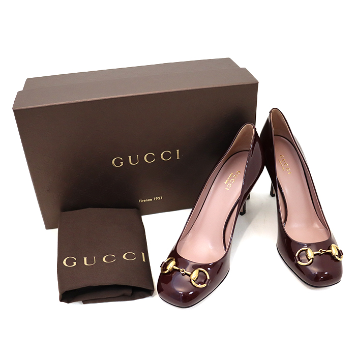 グッチ(GUCCI) パンプス ハイヒール ピンヒール ホースビット エナメル 24cm ボルドー