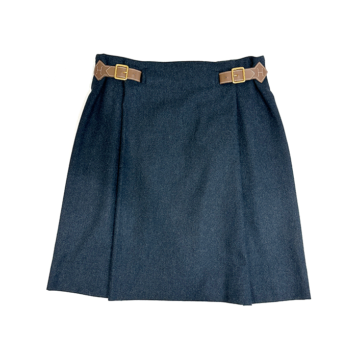 エルメス(HERMES) スカート Hロゴ サイドバックル付き ウール サイズ42 ネイビー